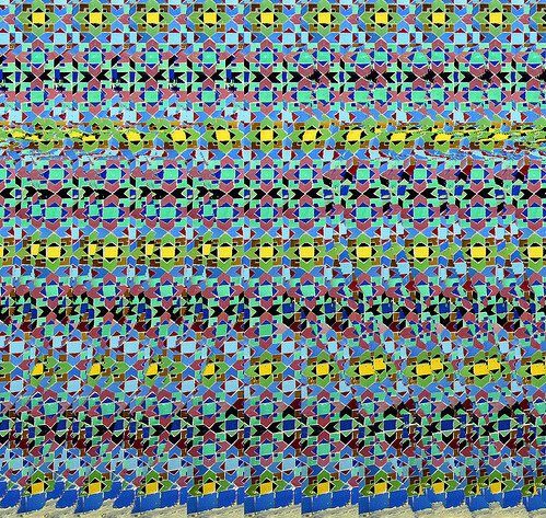 A colorful repeating Magic Eye autostereogram pattern