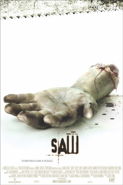 Poster for the film Saw, a severed hand against a white background with the tagline 'Every piece has a puzzle'