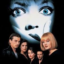 Poster for the film Scream, with the young cast beneath a ghostly screaming face
